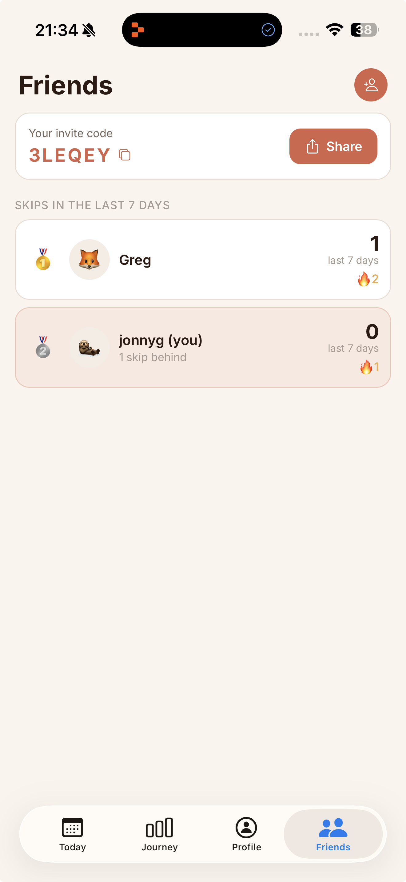 Friends leaderboard showing weekly skip rankings