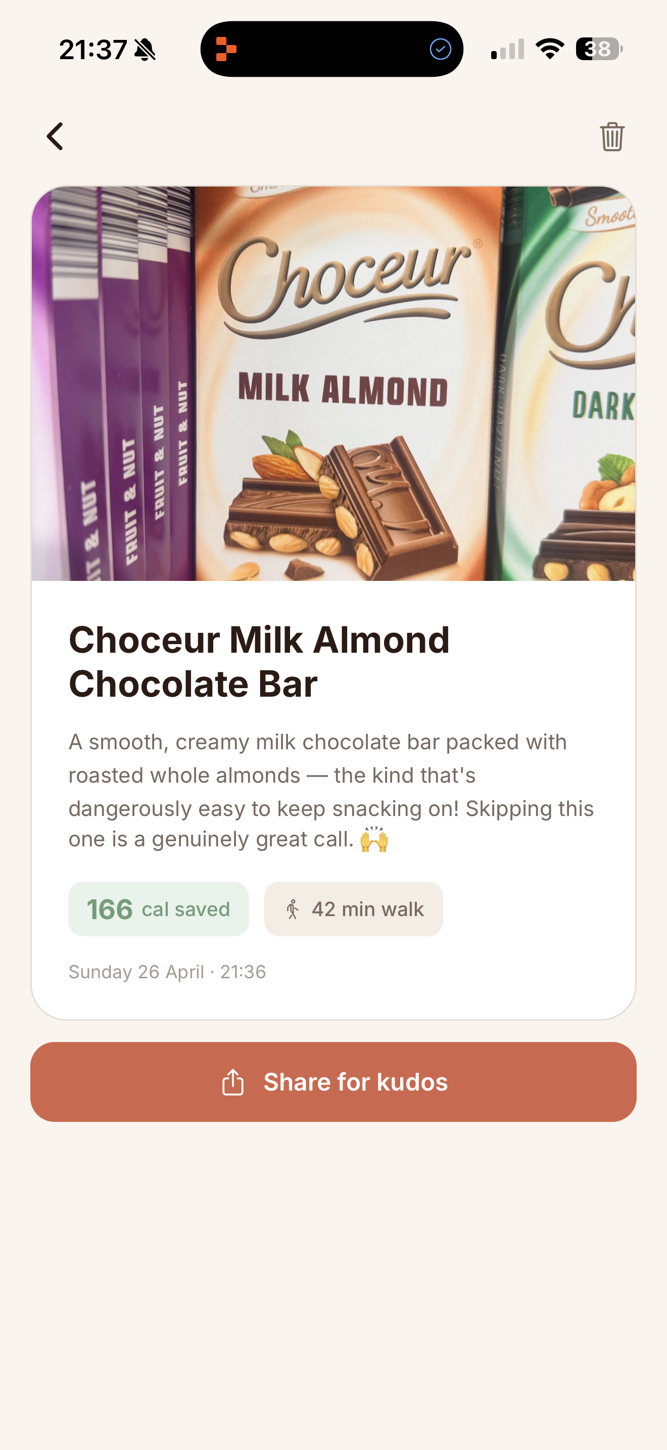 Skip A Snack identifying a Choceur Milk Almond Chocolate Bar with 166 calories saved
